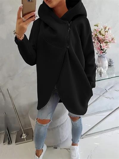 Siyah Kadın 3 İplik Şardonlu Kapüşonlu Ceket – Asimetrik Fermuarlı Oversize 