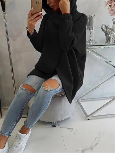 Siyah Kadın 3 İplik Şardonlu Kapüşonlu Ceket – Asimetrik Fermuarlı Oversize 