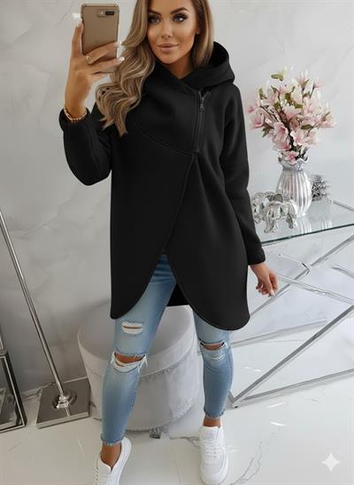 Siyah Kadın Asimetrik Fermuarlı Oversize Kapüşonlu Sweatshirt – Kalın Kumaş – Rahat Günlük Tarz