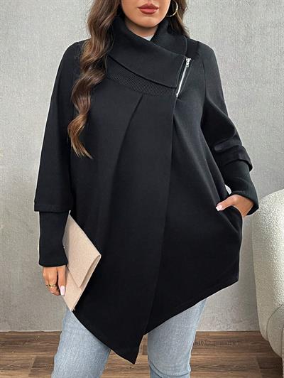 Siyah Kadın Asimetrik Kesim 3 İplik Şardonlu Sweat Ceket – Fermuarlı Yaka, Cepli, Oversize