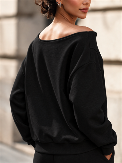 Siyah Kadın Omuz Dekolteli V Yaka Oversize Sweatshirt – Çapraz Yaka Detaylı Salaş Sweat