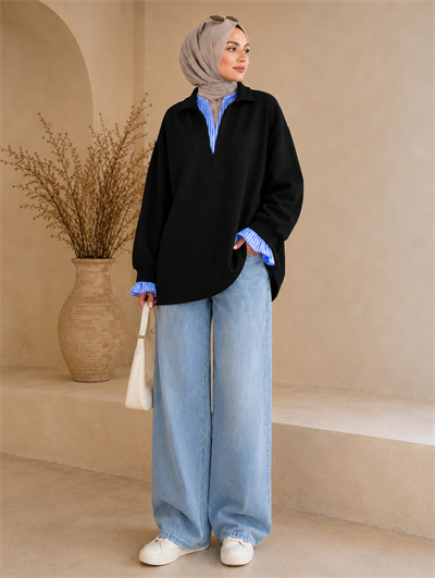 Siyah Kadın Oversize Gömlek Yaka Sweatshirt – Çizgili Poplin Detaylı Rahat Kesim Uzun Kollu Sweat