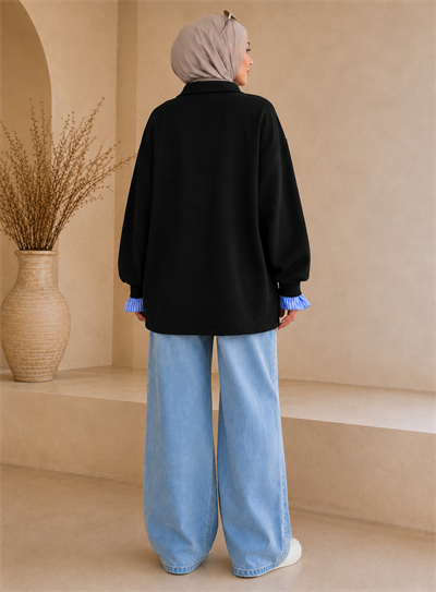 Siyah Kadın Oversize Gömlek Yaka Sweatshirt – Çizgili Poplin Detaylı Rahat Kesim Uzun Kollu Sweat