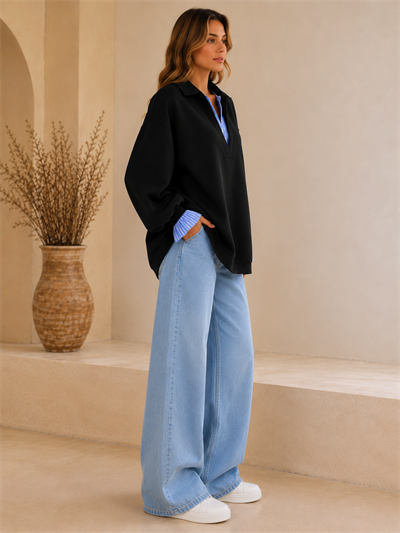 Siyah Kadın Oversize Gömlek Yaka Sweatshirt – Çizgili Poplin Detaylı Rahat Kesim Uzun Kollu Sweat