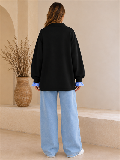Siyah Kadın Oversize Gömlek Yaka Sweatshirt – Çizgili Poplin Detaylı Rahat Kesim Uzun Kollu Sweat