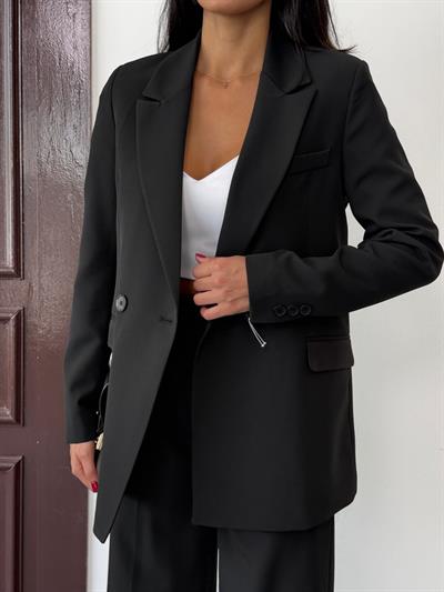 Siyah Kadın Polly Viscon Takım – 1. Sınıf Kumaş Blazer Ceket & Palazzo Pantolon İkili Takım