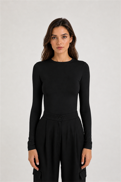 Siyah Kadın Uzun Kollu Likralı Basic Body – Esnek Polyamid Elastan Kumaş, Slim Fit, Günlük Şık Üst