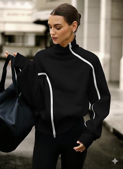 Siyah Kadın Yüksek Yaka Komple Fermuarlı Sweatshirt – Spor ve Günlük Şık Oversize Model