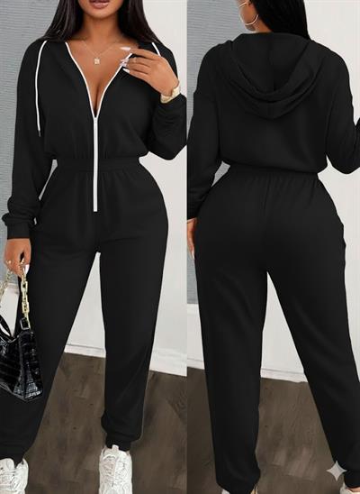 Siyah Kapüşonlu Fermuarlı Kadın Spor Tulum (Belden Büzgülü, Cepsiz)
