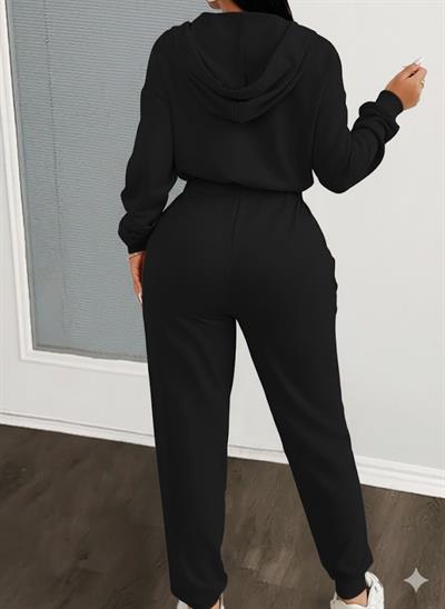 Siyah Kapüşonlu Fermuarlı Kadın Spor Tulum (Belden Büzgülü, Cepsiz)