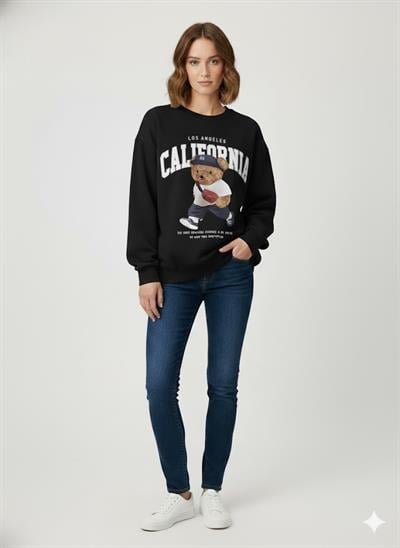 Siyah Oversize Ayıcık Baskılı Kaşkorse Ribanalı 3 İplik Sweatshirt