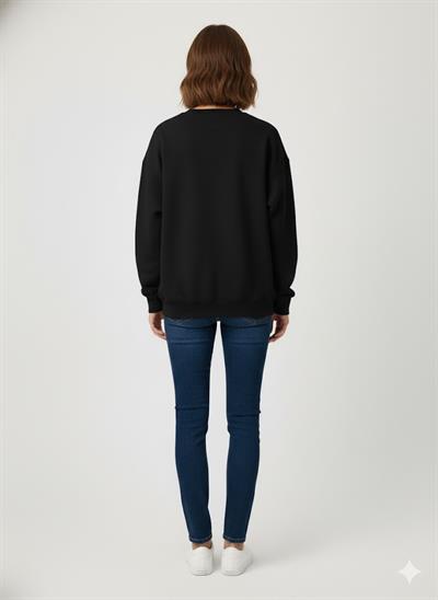 Siyah Oversize Ayıcık Baskılı Kaşkorse Ribanalı 3 İplik Sweatshirt