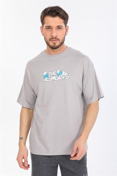Oversize Smurfs Yazılı Gri T-shirt