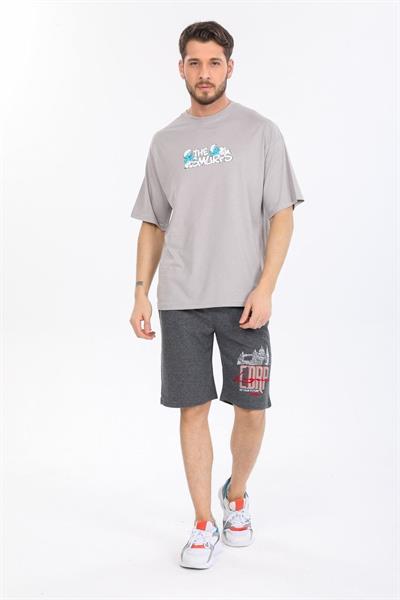 Oversize Smurfs Yazılı Gri T-shirt