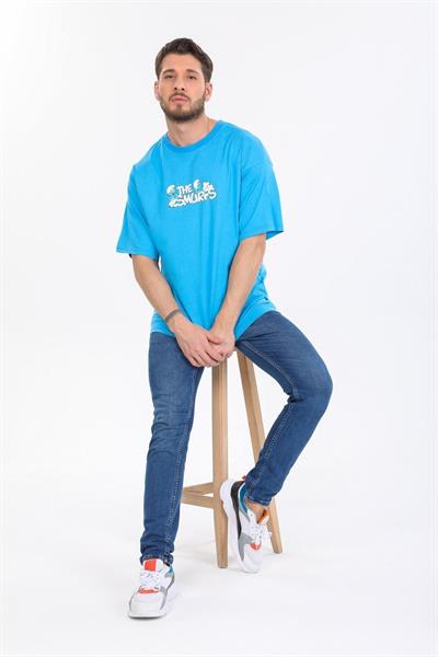 Oversize Smurfs Yazılı Mavi T-shirt