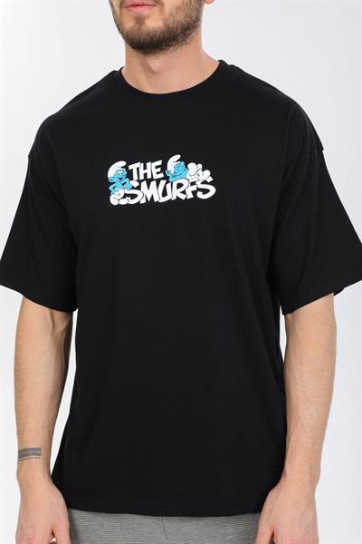 Oversize Smurfs Yazılı Siyah T-shirt