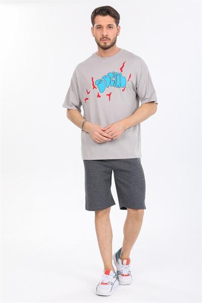 Oversize Social Yazılı Gri T-shirt