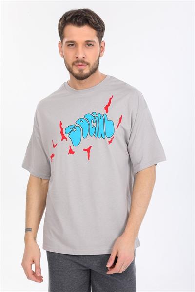 Oversize Social Yazılı Gri T-shirt