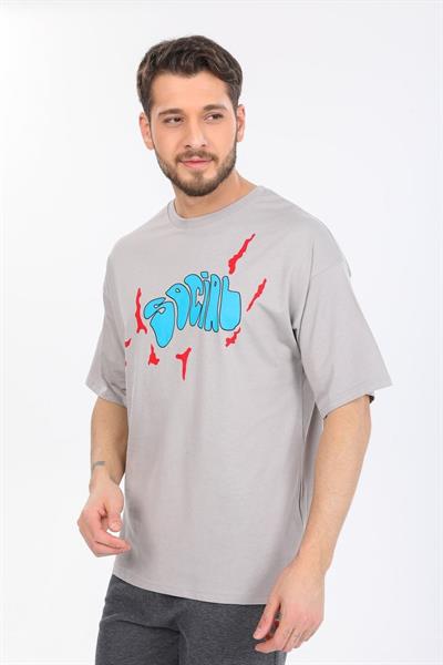 Oversize Social Yazılı Gri T-shirt