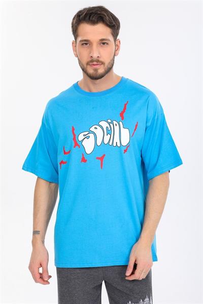 Oversize Social Yazılı Mavi T-shirt