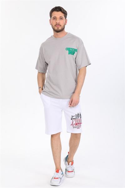 Oversize Sol Gögüs Logolu Gri T-shirt
