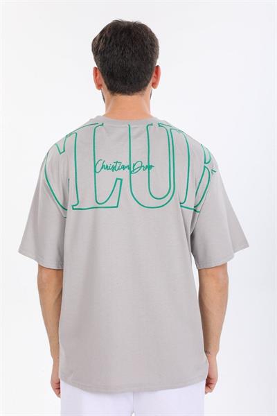 Oversize Sol Gögüs Logolu Gri T-shirt