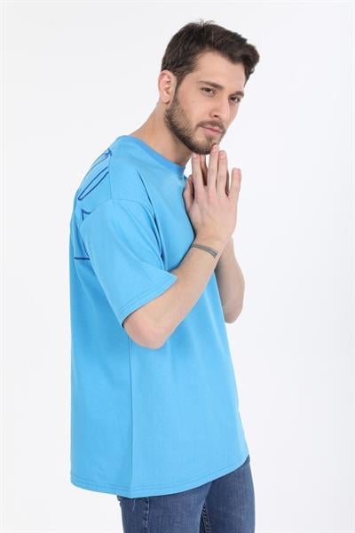 Oversize Sol Gögüs Logolu Mavi T-shirt