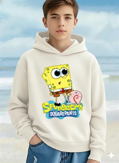 SpongeBob Kare Pantolon Baskılı Ekru Çocuk Kapüşonlu Sweatshirt | Unisex, Pamuklu, Uzun Kollu, Sünger Bob ve Gary
