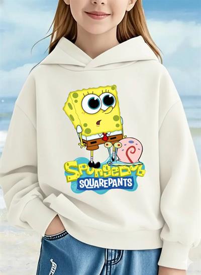 SpongeBob Kare Pantolon Baskılı Ekru Çocuk Kapüşonlu Sweatshirt | Unisex, Pamuklu, Uzun Kollu, Sünger Bob ve Gary