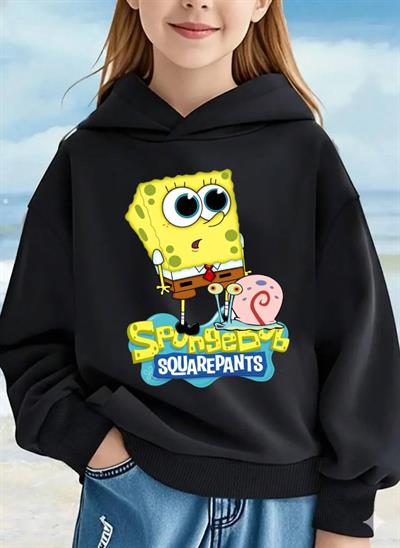 SpongeBob Kare Pantolon Baskılı Siyah Çocuk Kapüşonlu Sweatshirt | Unisex, Pamuklu, Uzun Kollu, Sünger Bob ve Gary