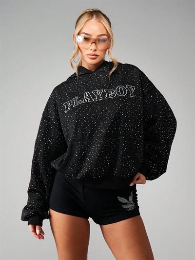 Taş İşlemeli Kristal Detaylı Oversize Kadın Hoodie - Playboy Baskılı Siyah Kapüşonlu Üst