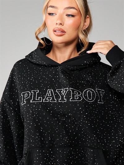 Taş İşlemeli Kristal Detaylı Oversize Kadın Hoodie - Playboy Baskılı Siyah Kapüşonlu Üst
