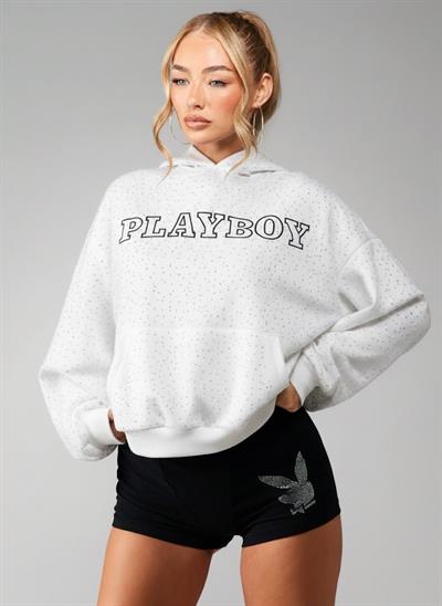 Taş İşlemeli Kristal Detaylı Oversize Kadın Hoodie - Playboy Baskılı Beyaz Kapüşonlu Üst