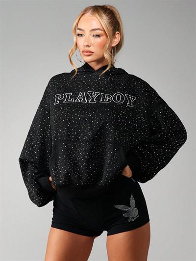 Taş İşlemeli Kristal Detaylı Oversize Kadın Hoodie - Playboy Baskılı Siyah Kapüşonlu Üst