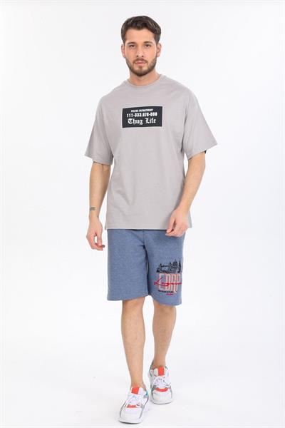 Oversize Thug Life Yazılı Gri T-shirt