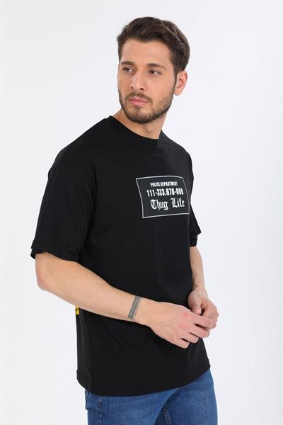 Oversize Thug Life Yazılı Siyah T-shirt