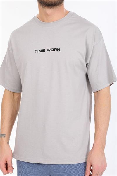 Oversize Time Worn Yazılı Gri T-shirt