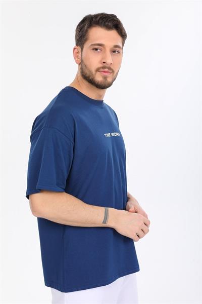 Oversize Time Worn Yazılı Mavi T-shirt