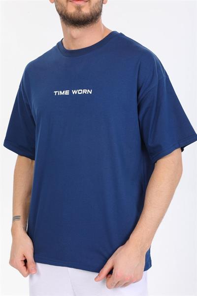 Oversize Time Worn Yazılı Mavi T-shirt