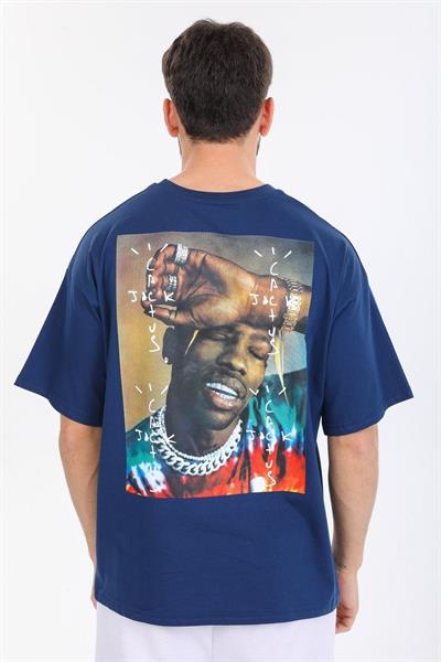 Oversize Time Worn Yazılı Mavi T-shirt