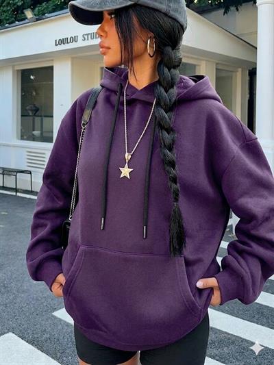 Unisex Erkek  - Kadın Kanguru Cepli Şardonlu Mor Sweatshirt - Siyah Kordon Detaylı- Siyah Kapüşon Astarlı