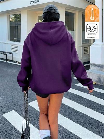 Unisex Erkek  - Kadın Kanguru Cepli Şardonlu Mor Sweatshirt - Siyah Kordon Detaylı- Siyah Kapüşon Astarlı