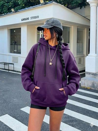 Unisex Erkek  - Kadın Kanguru Cepli Şardonlu Mor Sweatshirt - Siyah Kordon Detaylı- Siyah Kapüşon Astarlı
