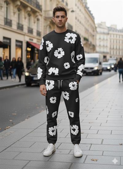 Unisex Siyah 3 İplik %100 Pamuk Kabartma Baskılı Oversize Sweatshirt & Eşofman Takımı