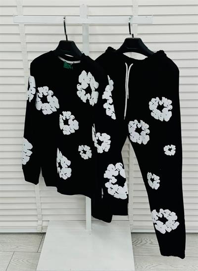 Unisex Siyah 3 İplik %100 Pamuk Kabartma Baskılı Oversize Sweatshirt & Eşofman Takımı