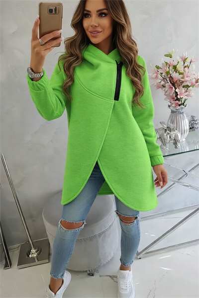 Yeşil Kadın Asimetrik Fermuarlı Oversize Kapüşonlu Sweatshirt – Kalın Kumaş – Rahat Günlük Tarz