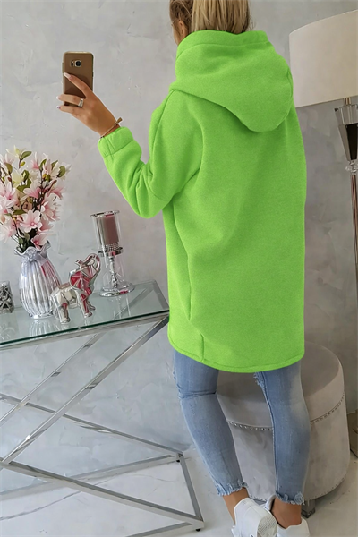 Yeşil Kadın Asimetrik Fermuarlı Oversize Kapüşonlu Sweatshirt – Kalın Kumaş – Rahat Günlük Tarz