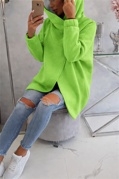 Yeşil Kadın Asimetrik Fermuarlı Oversize Kapüşonlu Sweatshirt – Kalın Kumaş – Rahat Günlük Tarz