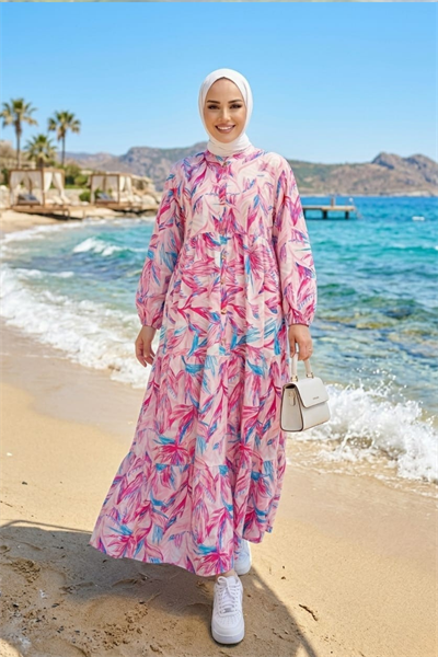 Kadın Düğmeli  Modal Kumaş Desenli Pembe Elbise