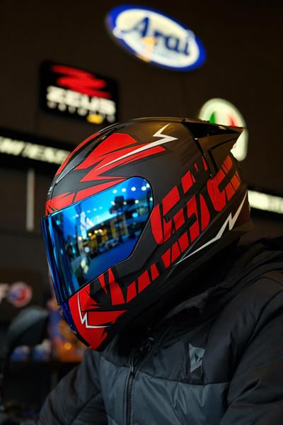 LS2 RAPID 2 CROMO MAT SİYAH-KIRMIZI KASK-MAVİ VİZÖR-SPOİLER